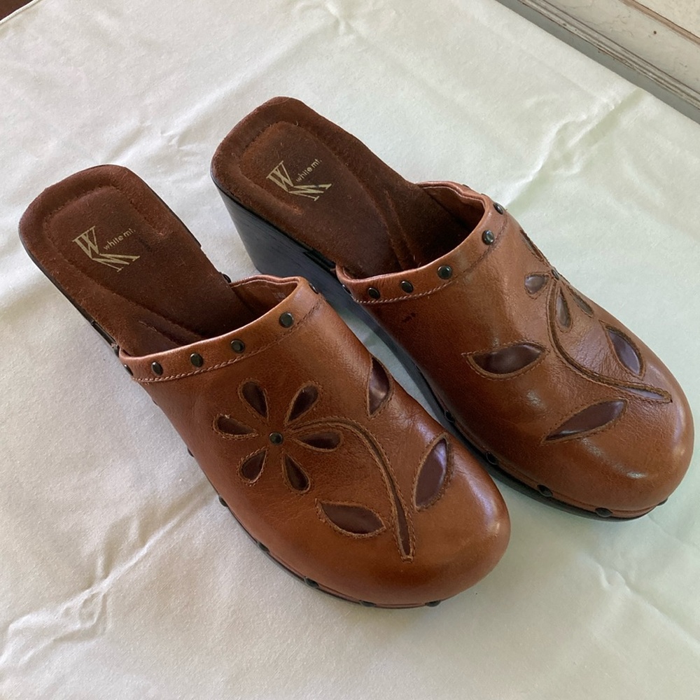 White Mountain Brown Leather Mules with Floral Design